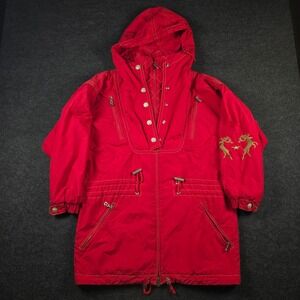 Vtg 80s Bogner Red Hooded Ski Jacket Reindeer Embroidery USA Made Womens Size 4